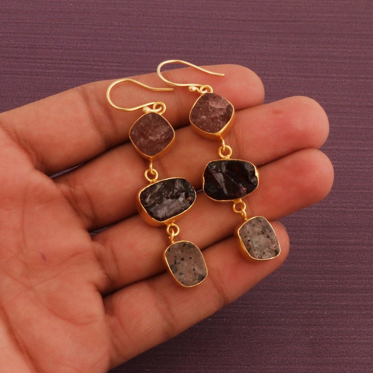 Raw Strawberry Quartz Dangle Earrings, Gold Plated Rough Gemstone Jewelry 5284