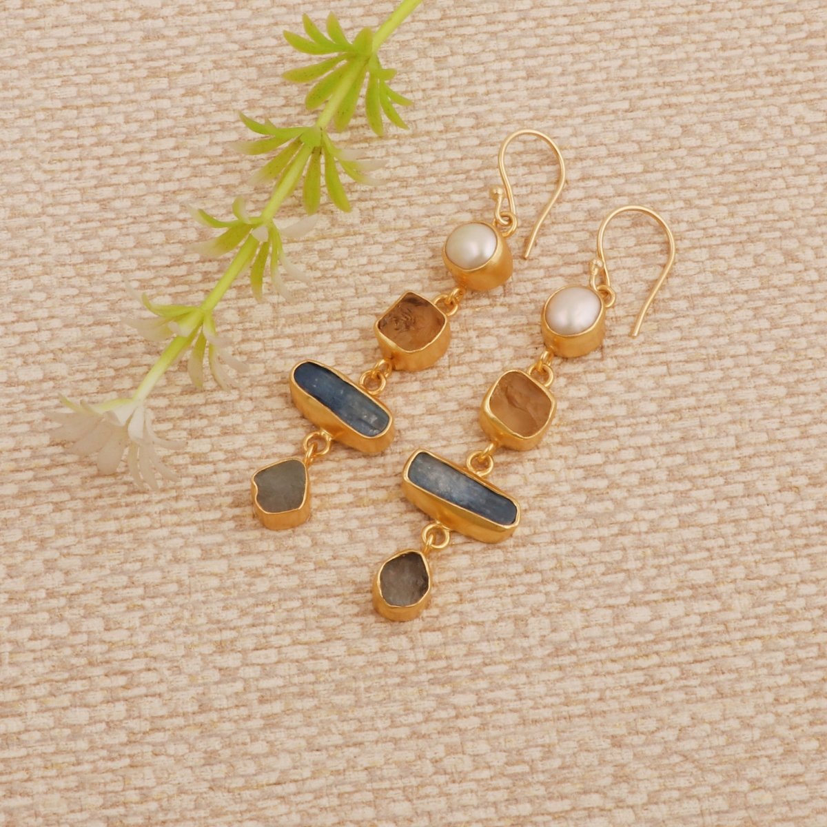 Raw Strawberry Quartz Dangle Earrings, Gold Plated Rough Gemstone Jewelry 5284