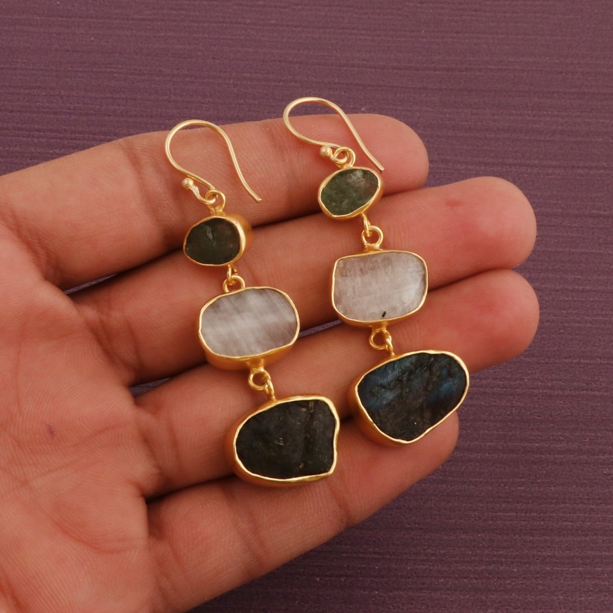 Raw Strawberry Quartz Dangle Earrings, Gold Plated Rough Gemstone Jewelry 5284