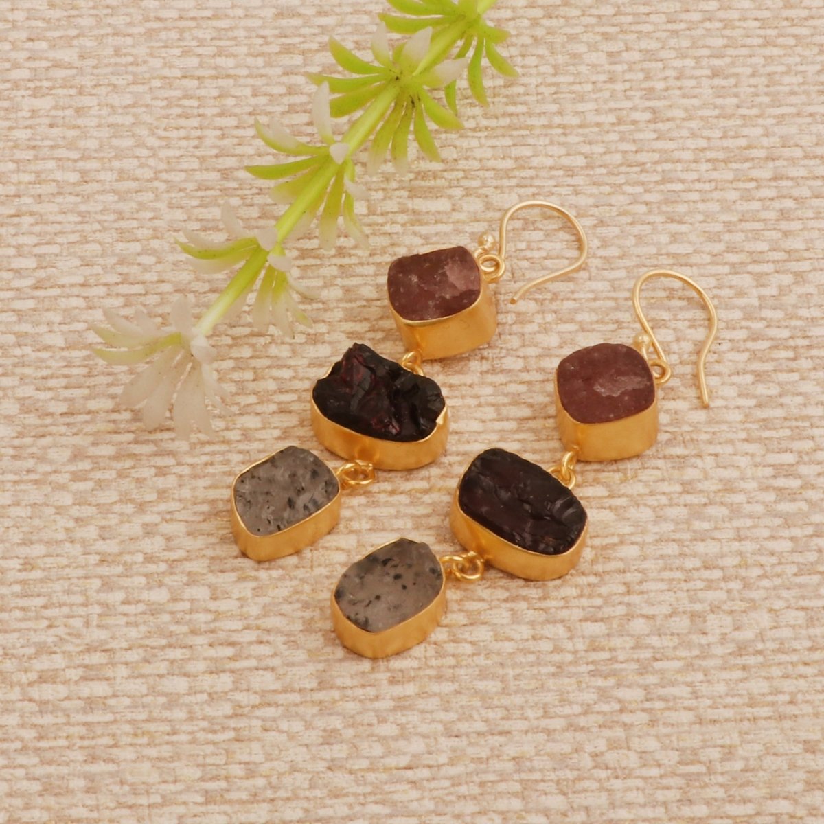 Raw Strawberry Quartz Dangle Earrings, Gold Plated Rough Gemstone Jewelry 5284
