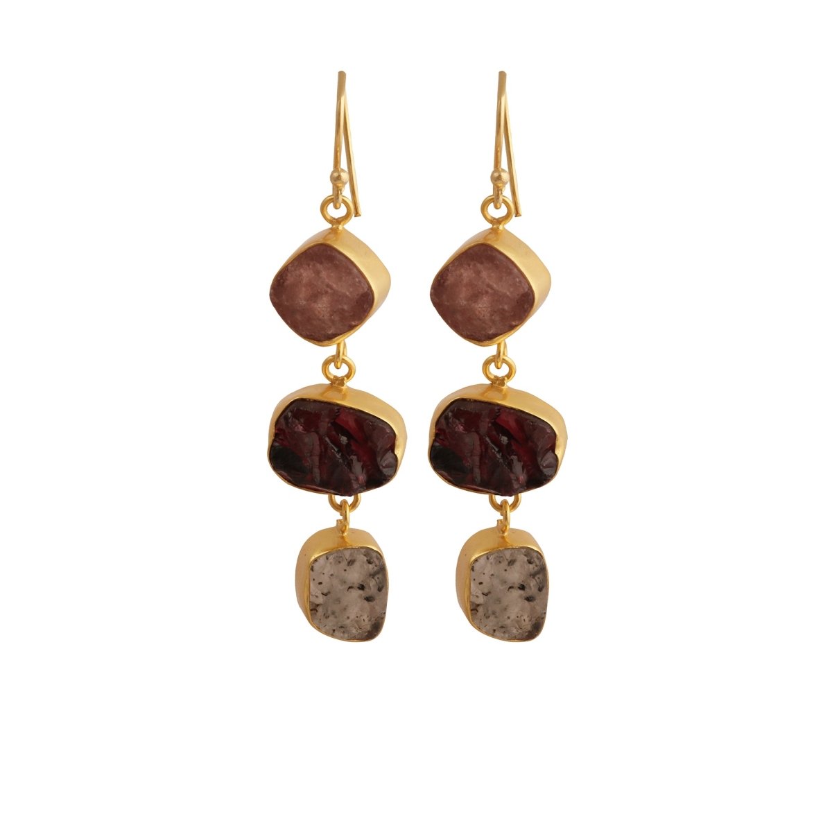 Raw Strawberry Quartz Dangle Earrings, Gold Plated Rough Gemstone Jewelry 5284
