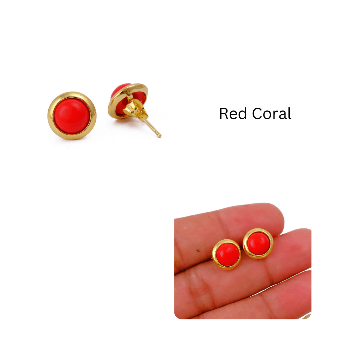 Red Coral Gemstone Minimal Gold Plated Stud Earrings Gift for Her CE - 1002
