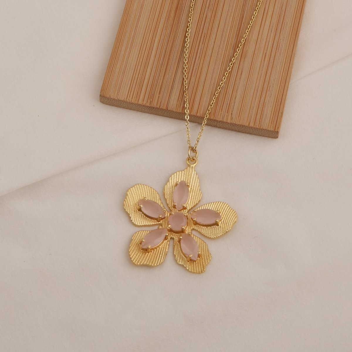 Red Garnet Gemstone Flower Pendant Necklace, Textured Gold Plated Jewelry 5390