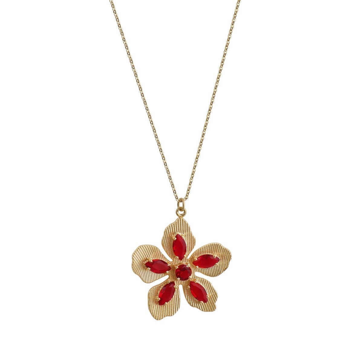 Red Garnet Gemstone Flower Pendant Necklace, Textured Gold Plated Jewelry 5390
