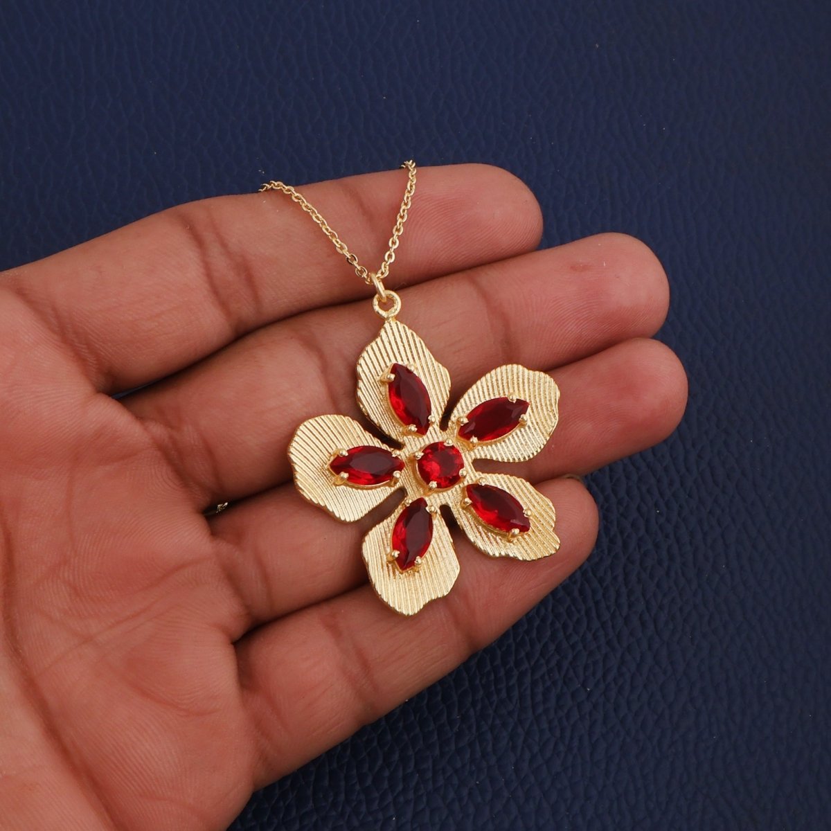 Red Garnet Gemstone Flower Pendant Necklace, Textured Gold Plated Jewelry 5390