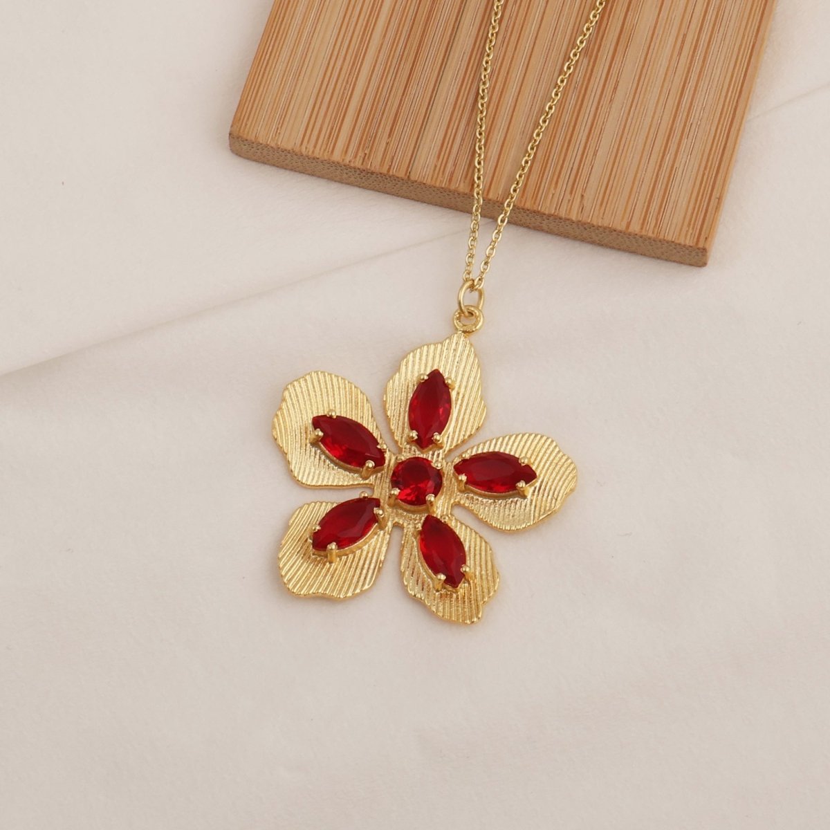 Red Garnet Gemstone Flower Pendant Necklace, Textured Gold Plated Jewelry 5390