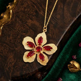 Red Garnet Gemstone Flower Pendant Necklace, Textured Gold Plated Jewelry 5390 Red Garnet