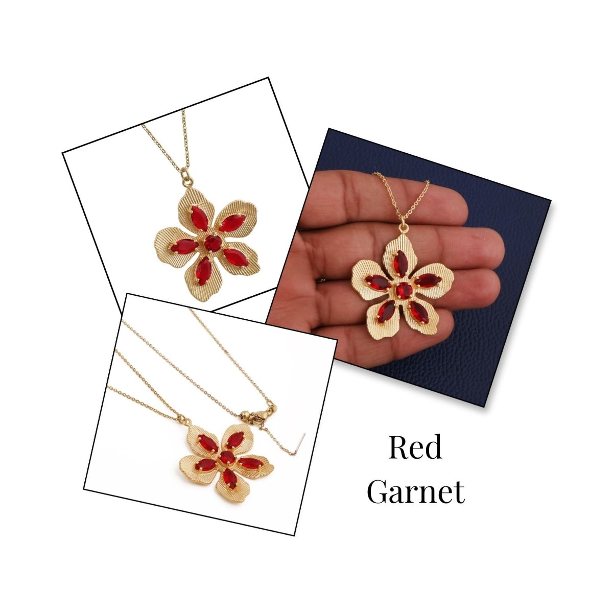 Red Garnet Gemstone Flower Pendant Necklace, Textured Gold Plated Jewelry 5390