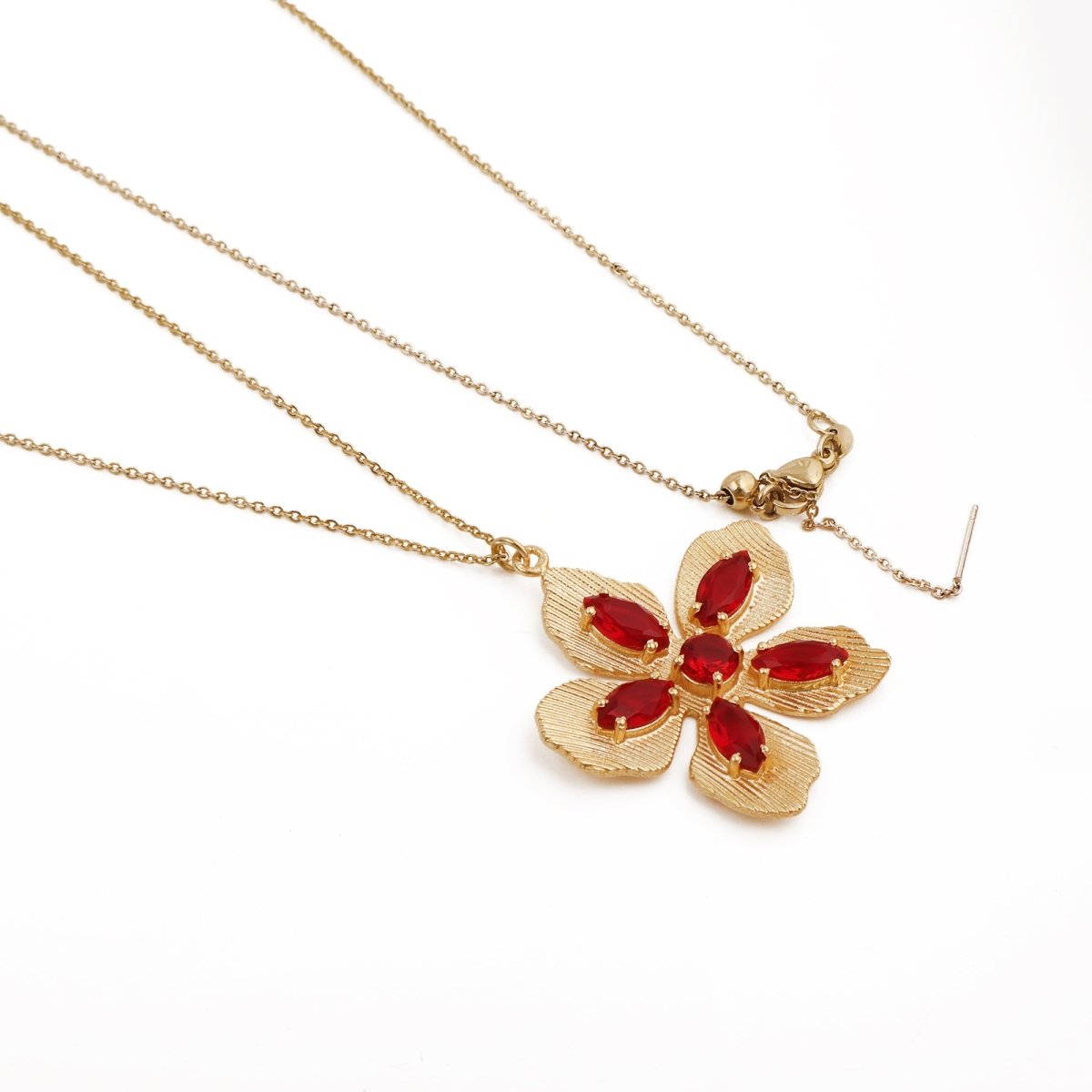 Red Garnet Gemstone Flower Pendant Necklace, Textured Gold Plated Jewelry 5390