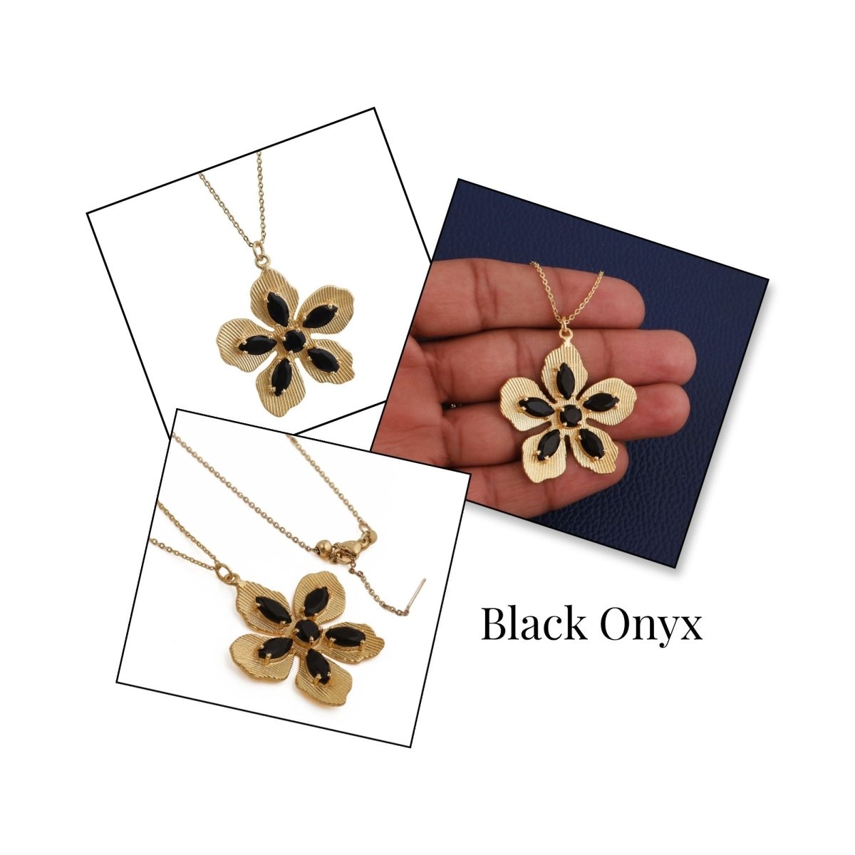 Red Garnet Gemstone Flower Pendant Necklace, Textured Gold Plated Jewelry 5390 Black Onyx