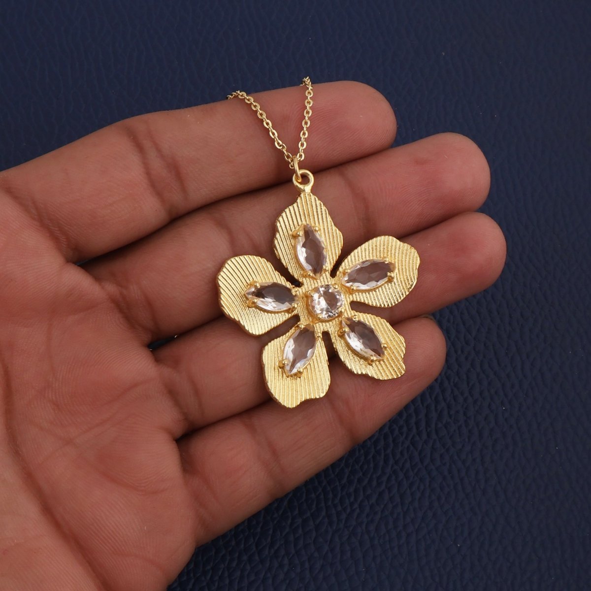 Red Garnet Gemstone Flower Pendant Necklace, Textured Gold Plated Jewelry 5390