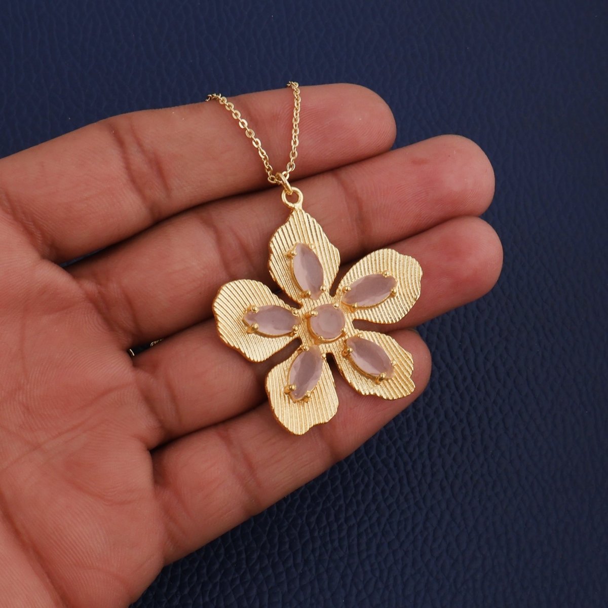 Red Garnet Gemstone Flower Pendant Necklace, Textured Gold Plated Jewelry 5390