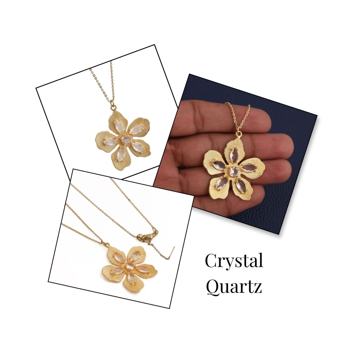 Red Garnet Gemstone Flower Pendant Necklace, Textured Gold Plated Jewelry 5390 Crystal Quartz