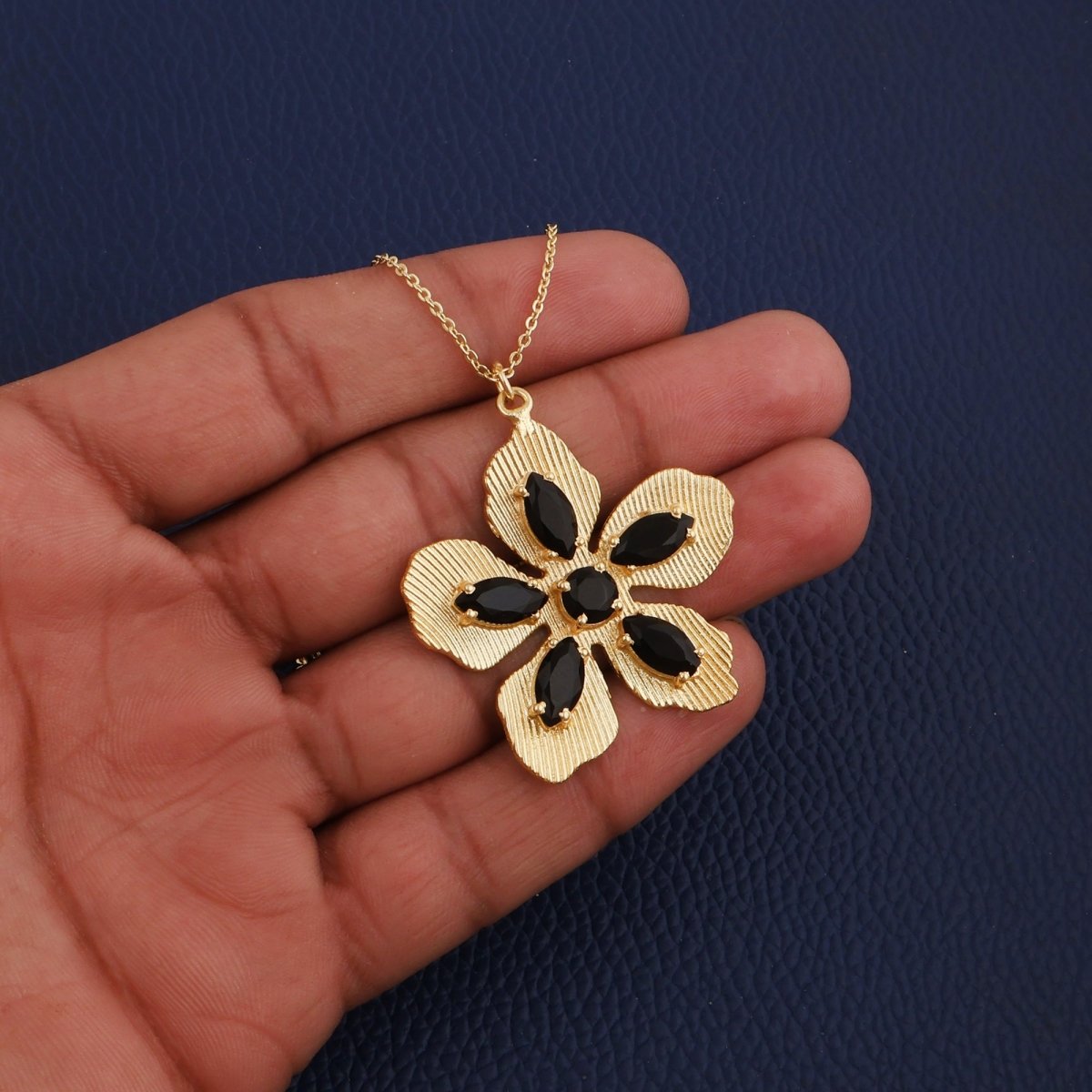 Red Garnet Gemstone Flower Pendant Necklace, Textured Gold Plated Jewelry 5390