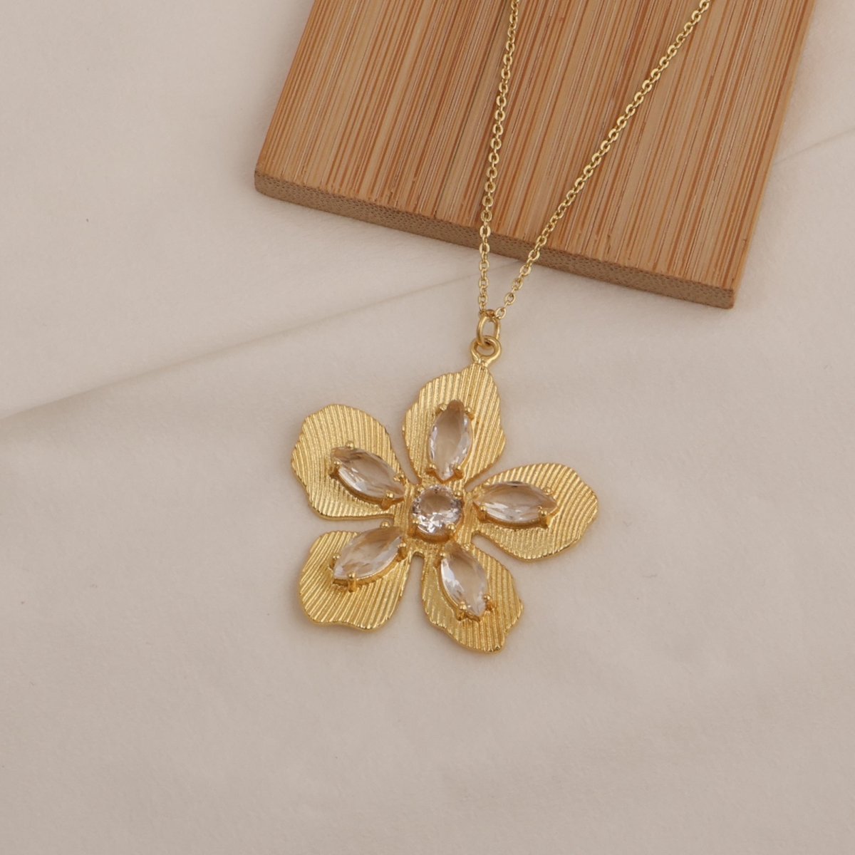 Red Garnet Gemstone Flower Pendant Necklace, Textured Gold Plated Jewelry 5390