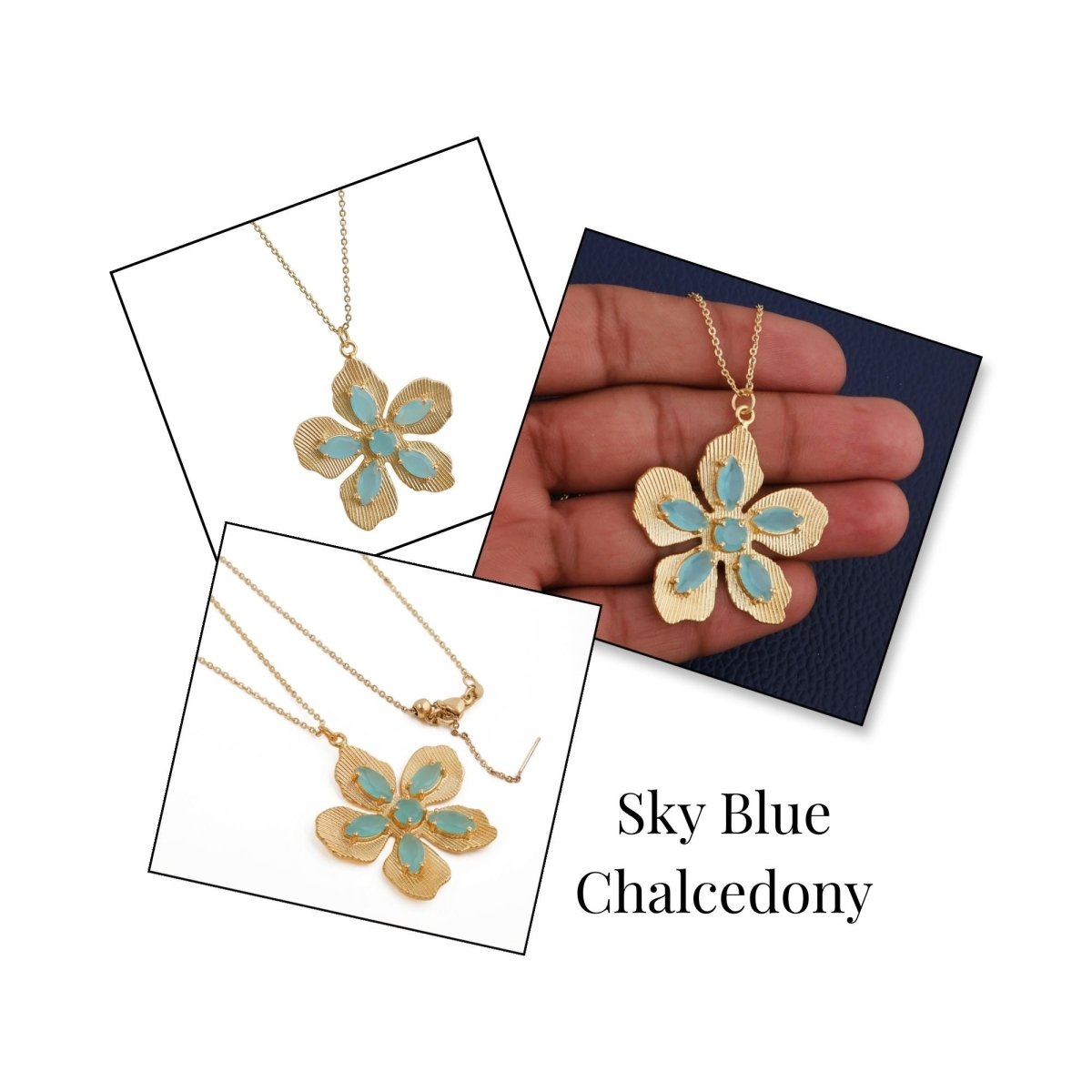 Red Garnet Gemstone Flower Pendant Necklace, Textured Gold Plated Jewelry 5390 Sky Blue Chalcedony