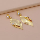 Red Garnet Quartz and Pearl Gold Leaf Statement Earrings with Pearls &amp; Garnet Stones, Artistic Dangle Earrings, Handmade Luxury Jewelry. S