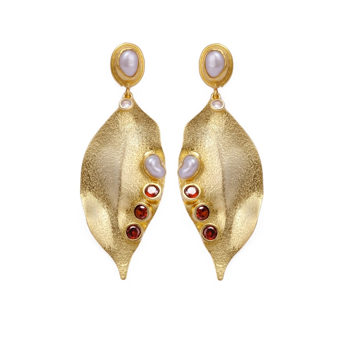 Red Garnet Quartz and Pearl Gold Leaf Statement Earrings with Pearls &amp; Garnet Stones, Artistic Dangle Earrings, Handmade Luxury Jewelry. S