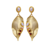 Red Garnet Quartz and Pearl Gold Leaf Statement Earrings with Pearls &amp; Garnet Stones, Artistic Dangle Earrings, Handmade Luxury Jewelry. S