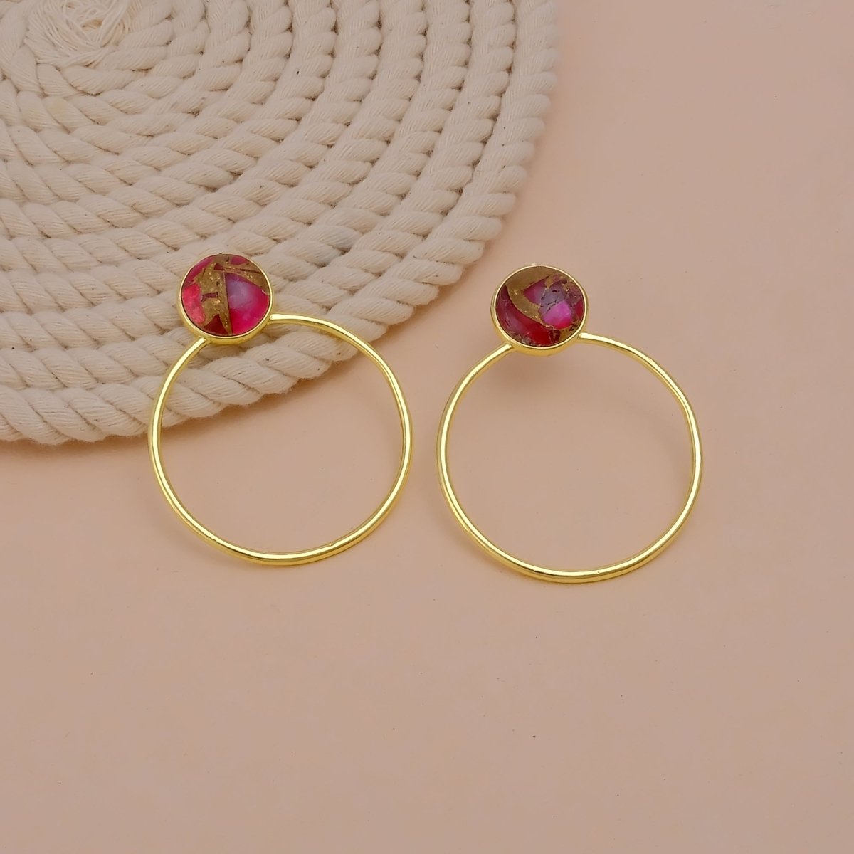 Red Mohave Gold Plated Hoop Stud Earrings, Minimalist Jewelry CE - 1003