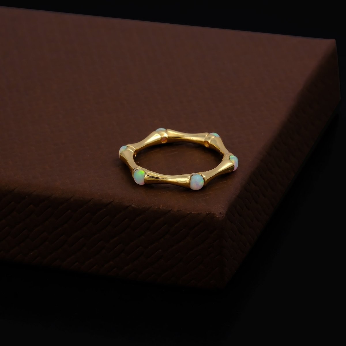 Round Shape Opal Gemstone Eternity Statement Ring, Gold Plated Brass Jewelry CR - 1023