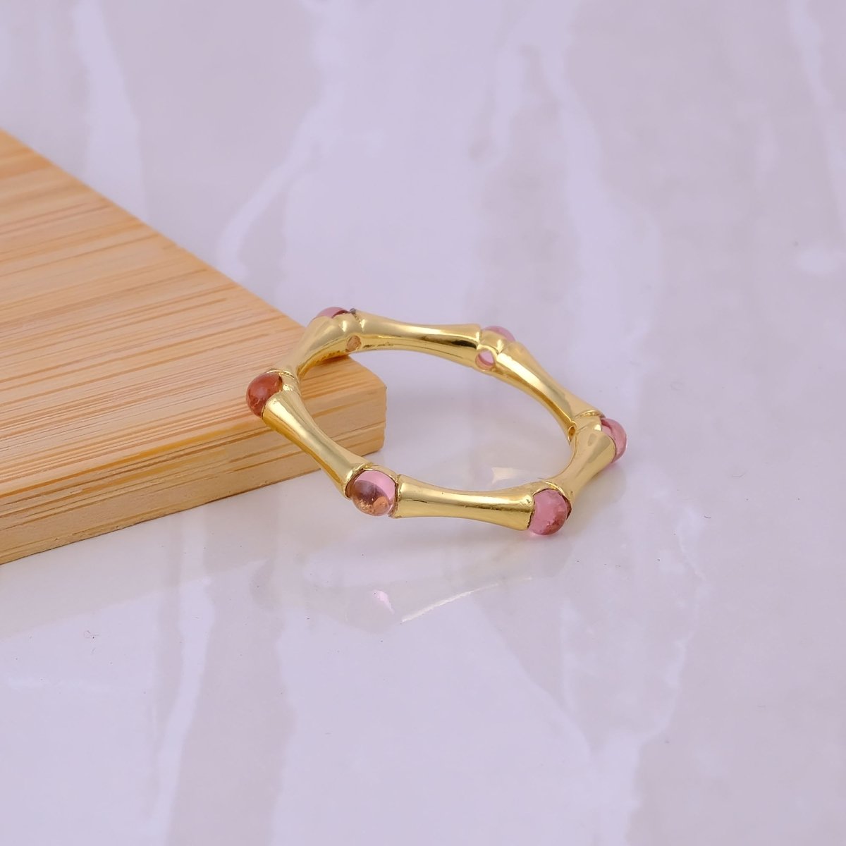 Round Shape Opal Gemstone Eternity Statement Ring, Gold Plated Brass Jewelry CR - 1023