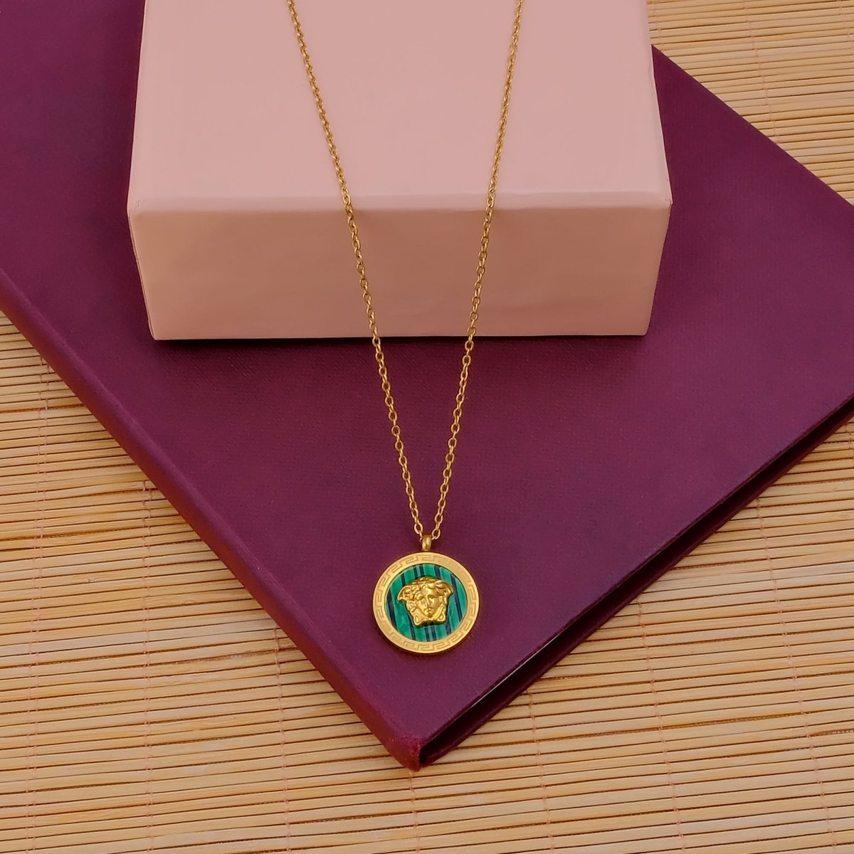 Royal Green Enamel Gold Plated Necklace Classic Medallion Necklace For Women