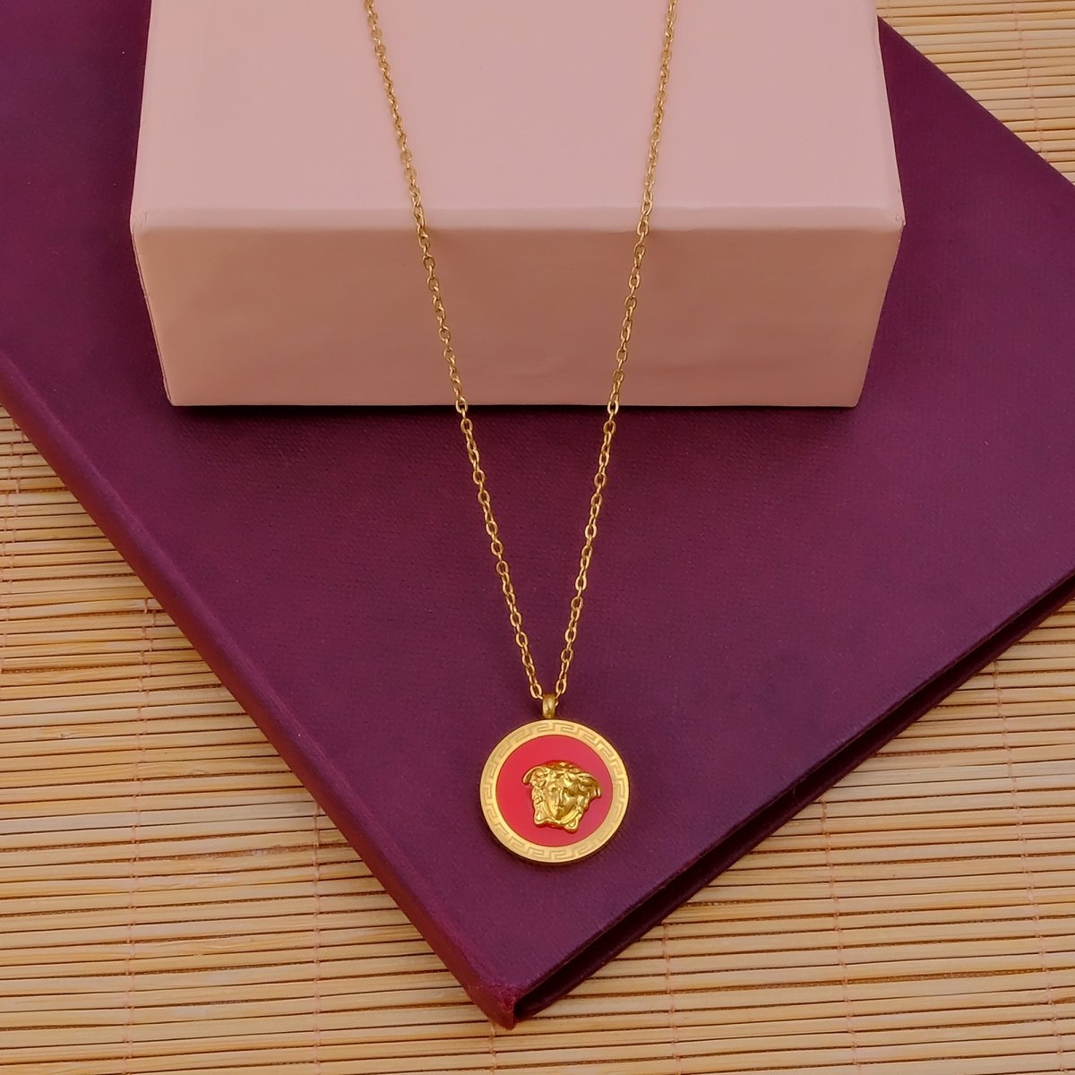 Royal Green Enamel Gold Plated Necklace Classic Medallion Necklace For Women