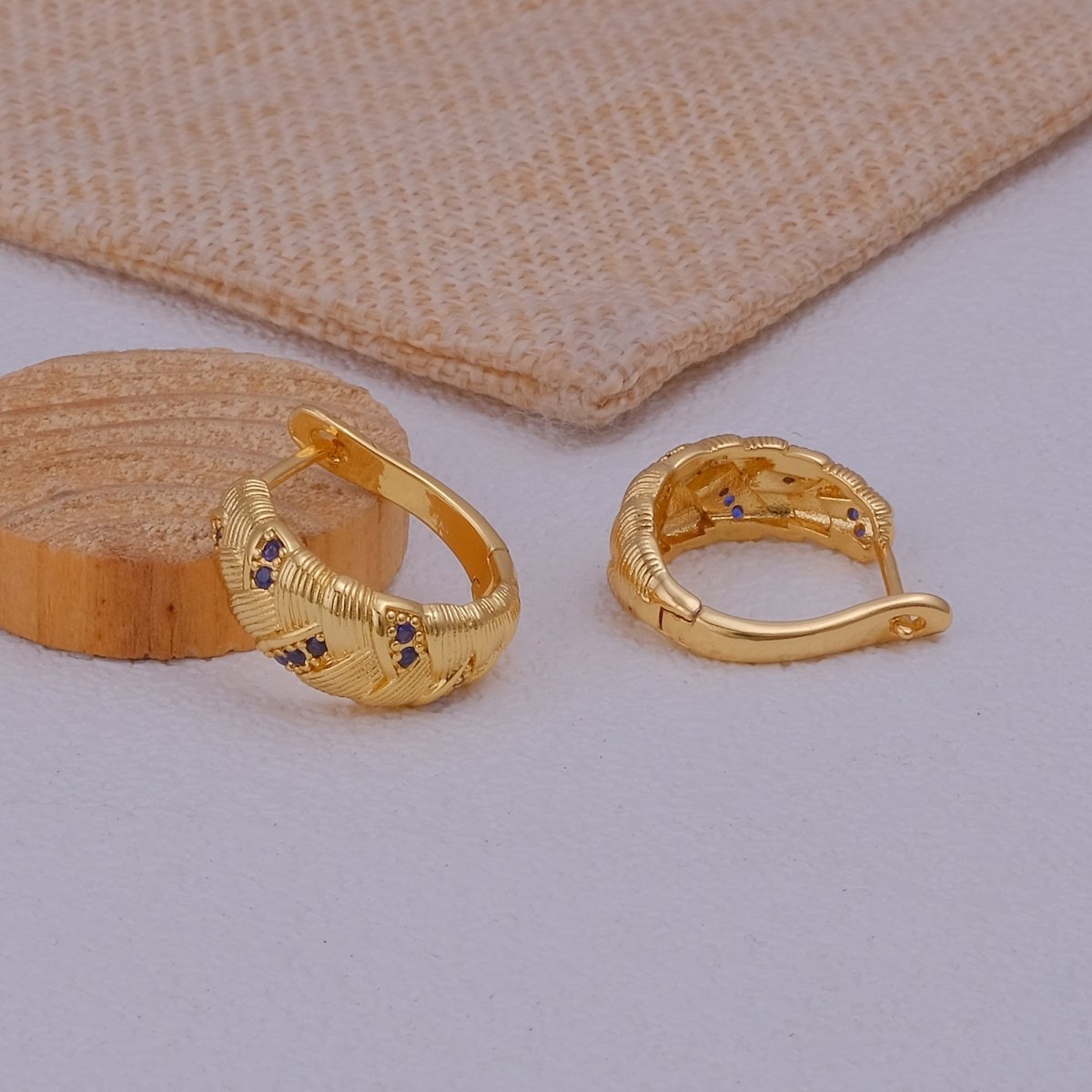 Ruby Gemstone Gold Plated Braided Hoop Huggie Earrings Blue Sapphire