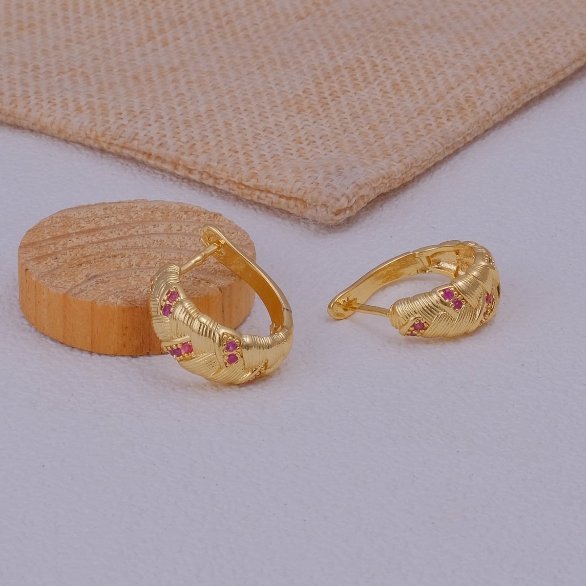 Ruby Gemstone Gold Plated Braided Hoop Huggie Earrings