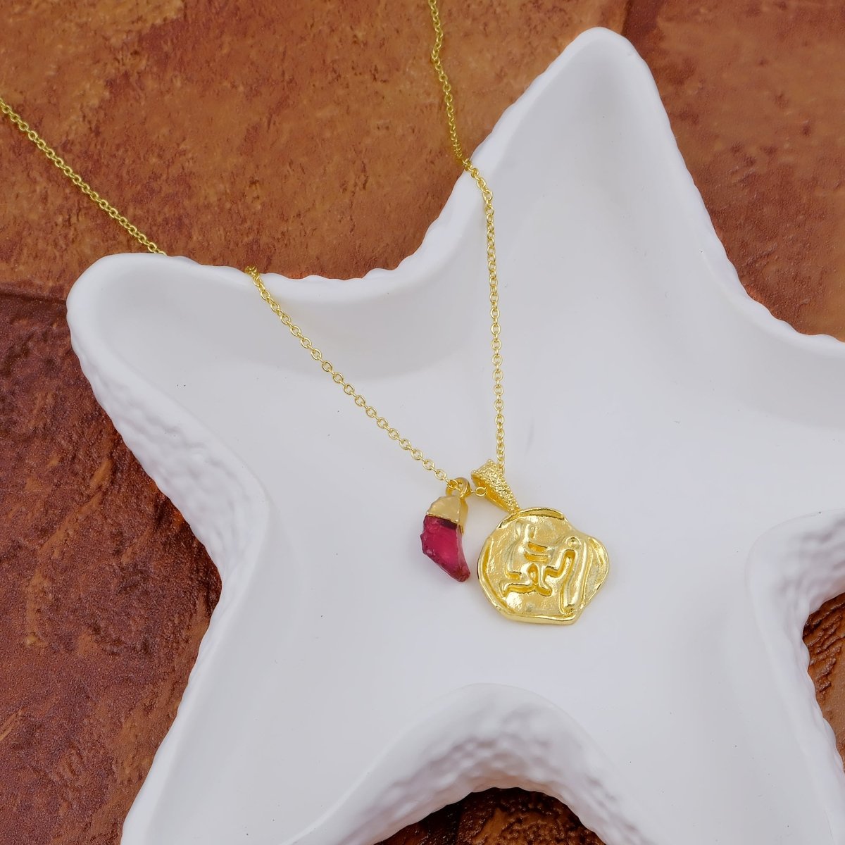 Ruby Gemstone Necklace Zodiac Sign Necklace Gold Plated Chain Necklace