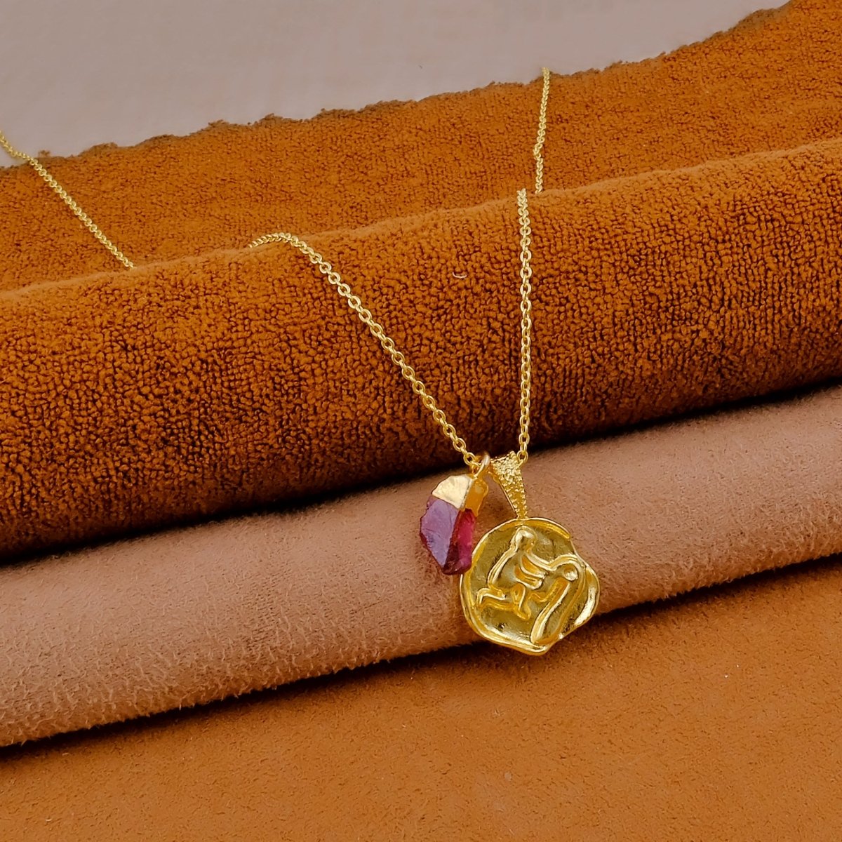 Ruby Gemstone Necklace Zodiac Sign Necklace Gold Plated Chain Necklace