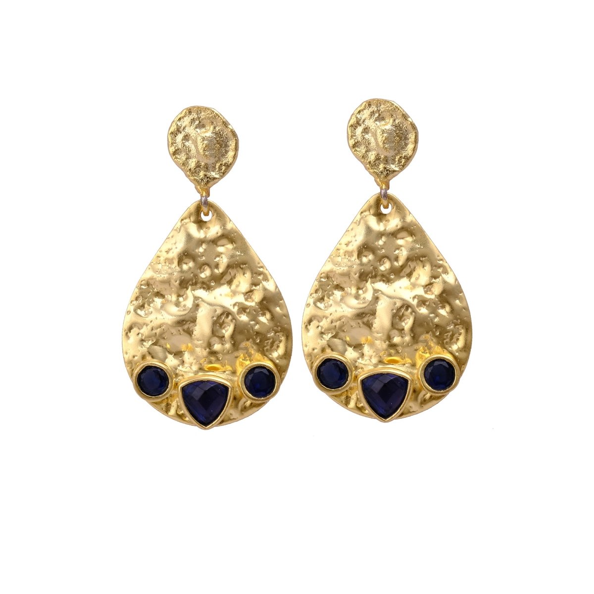 Sapphire Gemstone Earring Gold Hammered Textured, Modern Statement Teardrop Earrings , Studs Push Back, Dangle Drop Earrings, Women's Jewelery. S