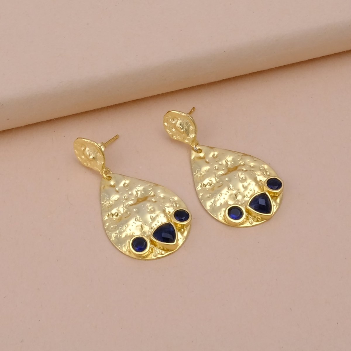 Sapphire Gemstone Earring Gold Hammered Textured, Modern Statement Teardrop Earrings , Studs Push Back, Dangle Drop Earrings, Women's Jewelery. S
