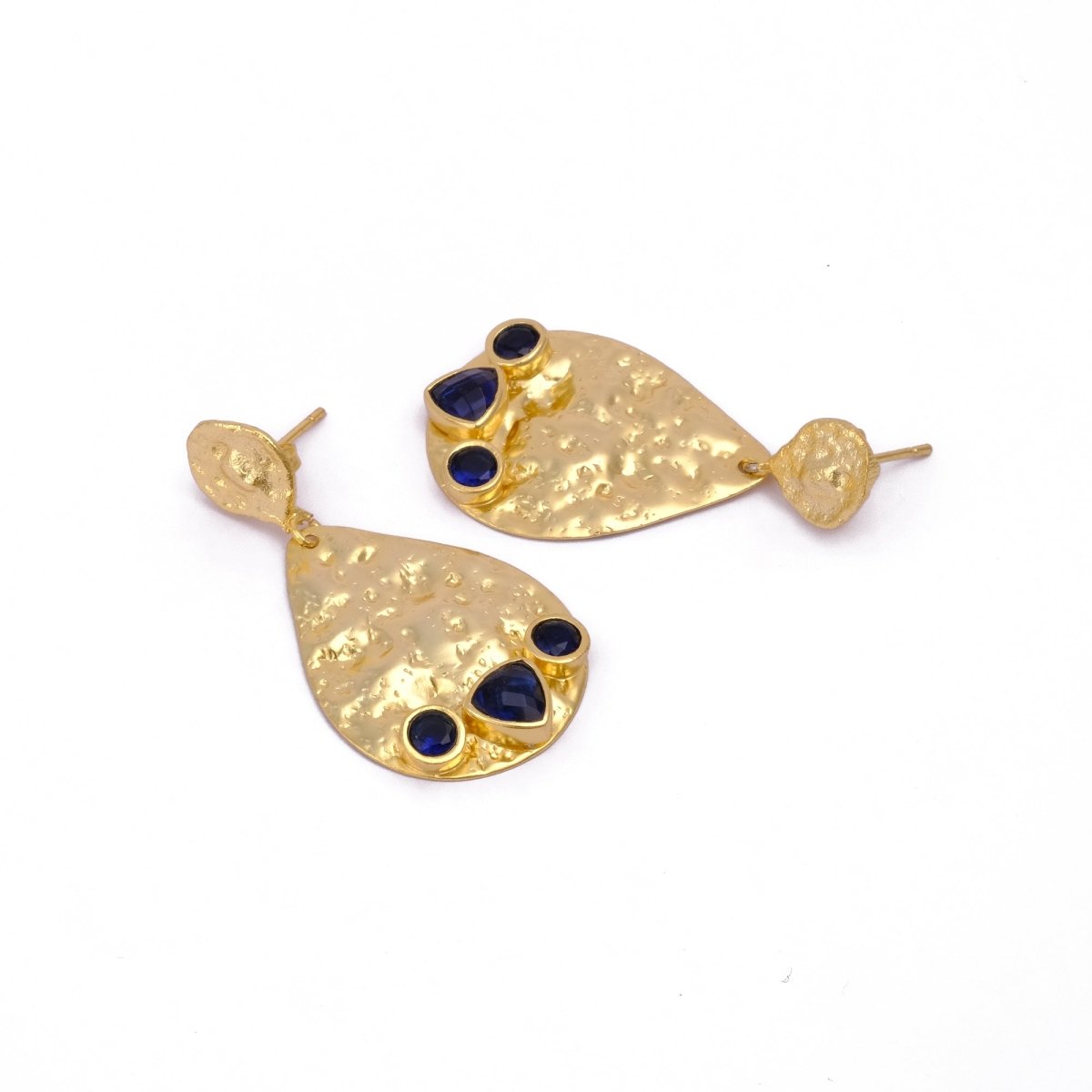 Sapphire Gemstone Earring Gold Hammered Textured, Modern Statement Teardrop Earrings , Studs Push Back, Dangle Drop Earrings, Women's Jewelery. S