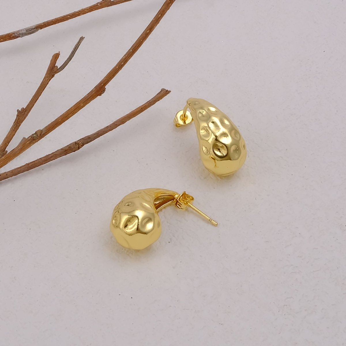 Sculpted Gold Plated Nugget Textured Teardrop Hoop Earrings