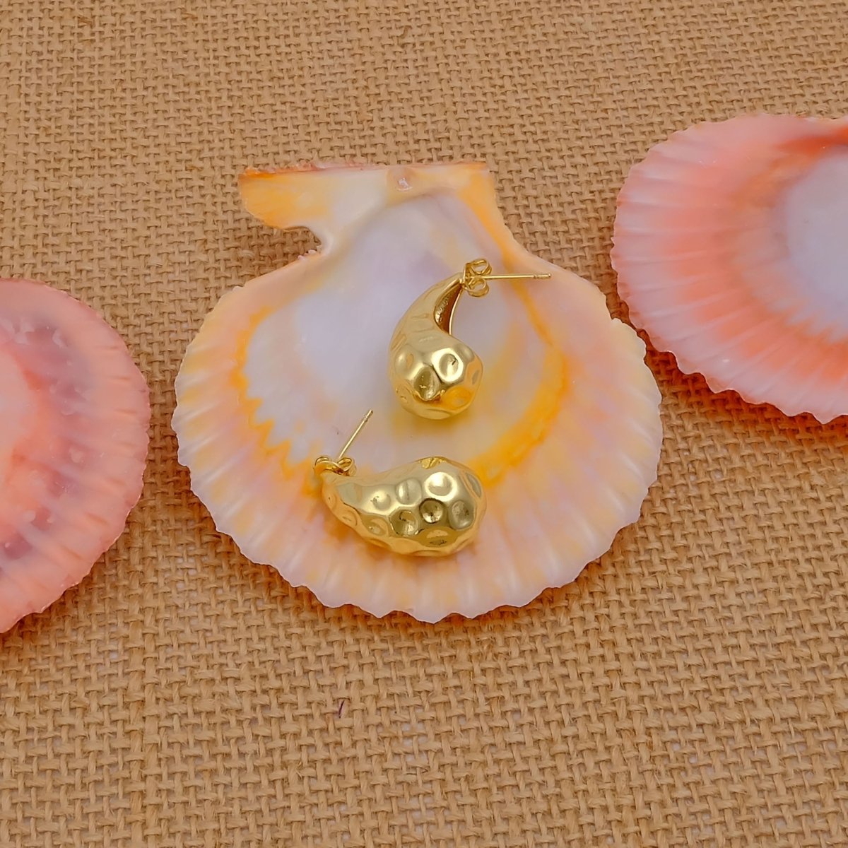 Sculpted Gold Plated Nugget Textured Teardrop Hoop Earrings