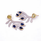 Silver Leaf Earrings with Blue Sapphire Quartz Stones, Artistic Handmade Dangle Earrings, Elegant Statement Jewelry. S