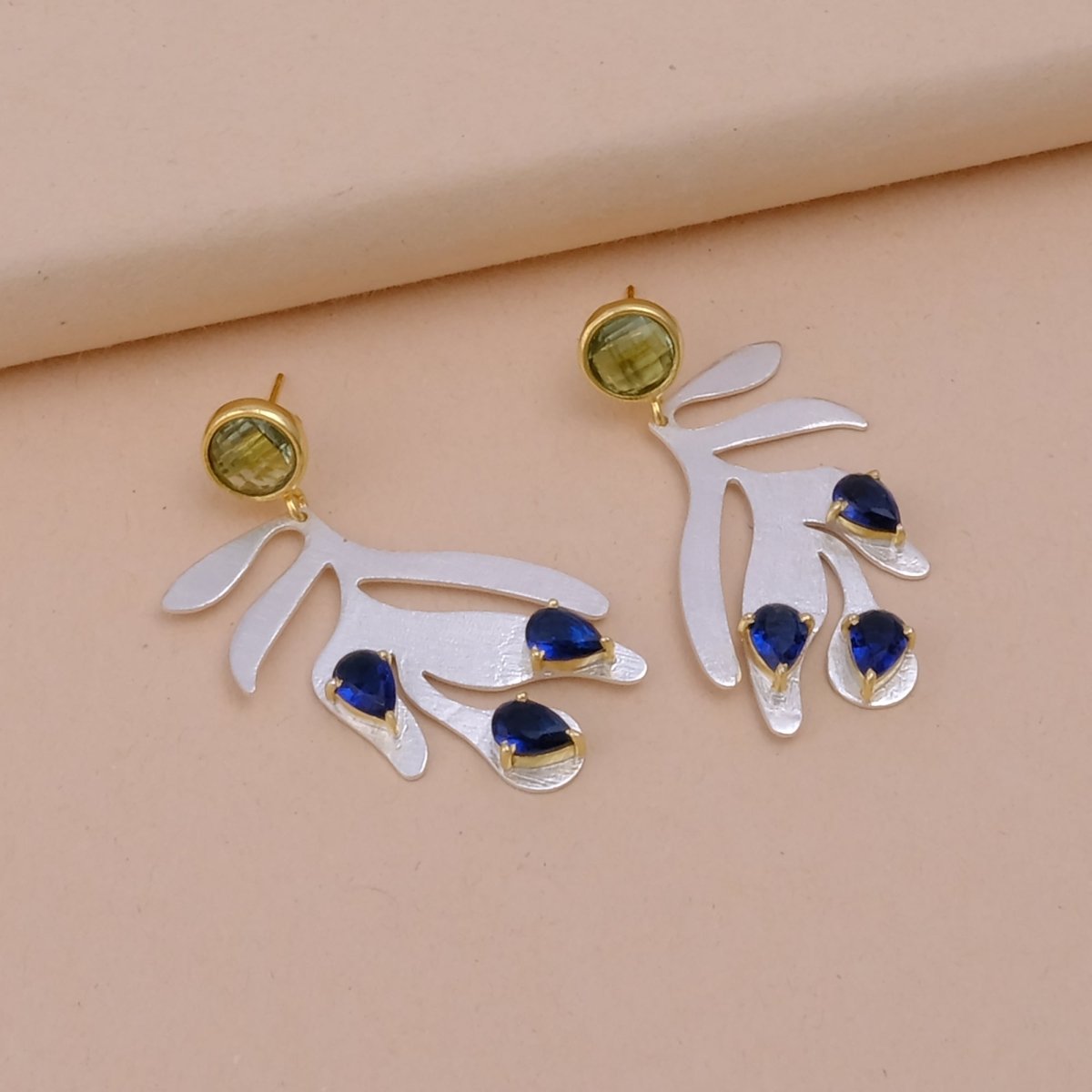 Silver Leaf Earrings with Blue Sapphire Quartz Stones, Artistic Handmade Dangle Earrings, Elegant Statement Jewelry. S