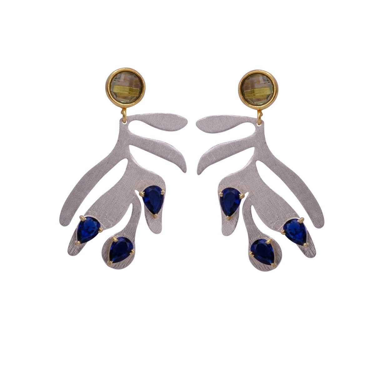 Silver Leaf Earrings with Blue Sapphire Quartz Stones, Artistic Handmade Dangle Earrings, Elegant Statement Jewelry. S