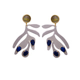 Silver Leaf Earrings with Blue Sapphire Quartz Stones, Artistic Handmade Dangle Earrings, Elegant Statement Jewelry. S