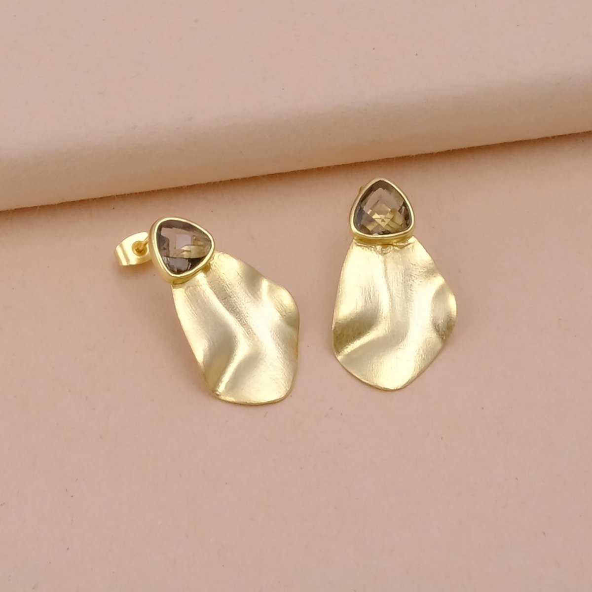 Smoky Quartz Earring Textured Organic Shape Earring Matte Gold Plated Earring