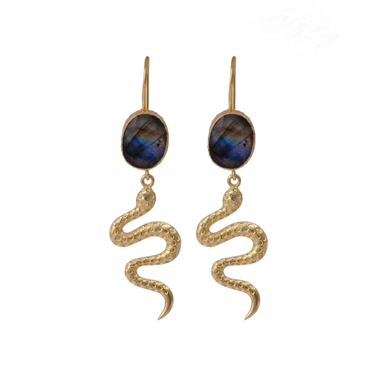 Snake Design Textured Earrings Labradorite Gemstone Gold Plated Drop & Dangle Earring