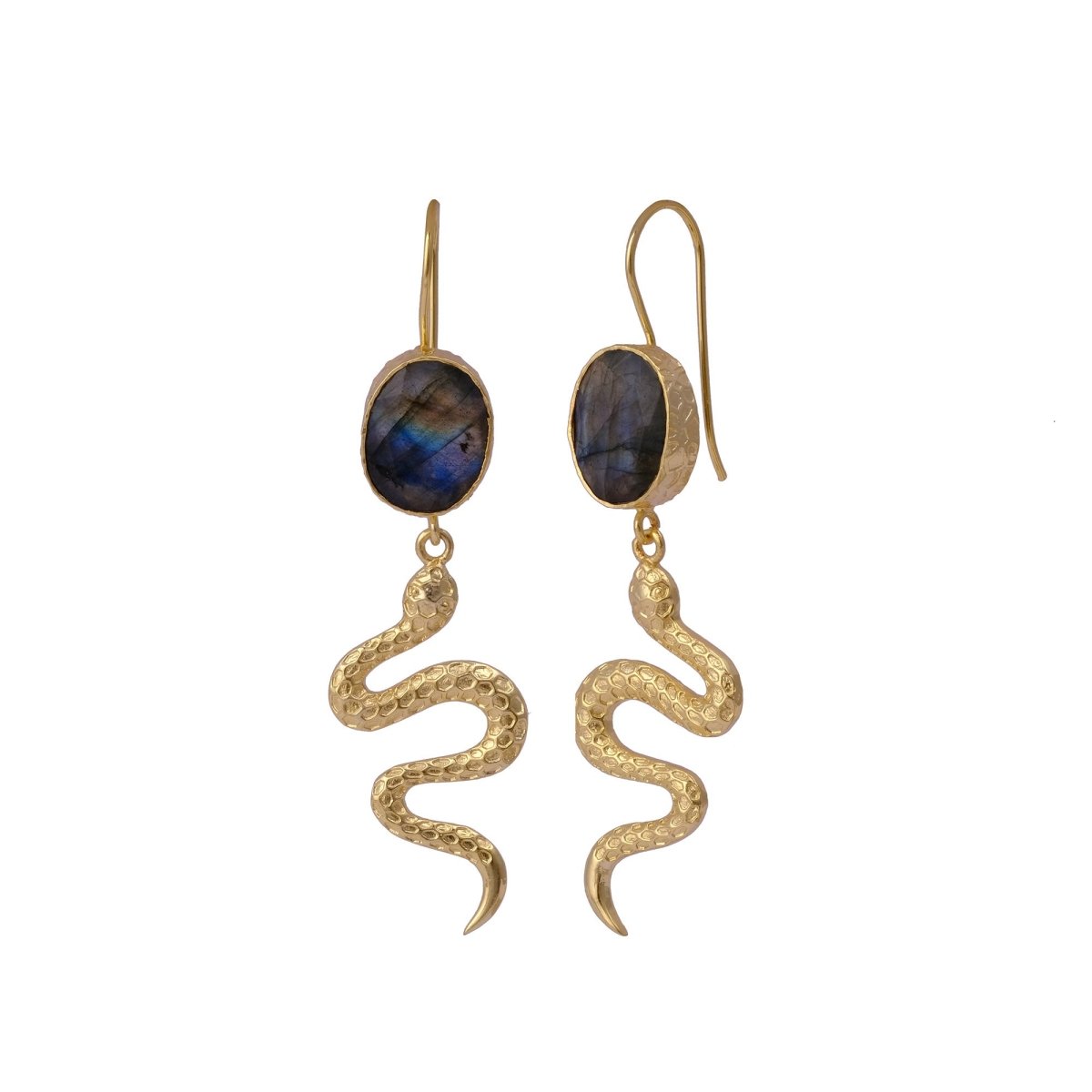 Snake Design Textured Earrings Labradorite Gemstone Gold Plated Drop & Dangle Earring