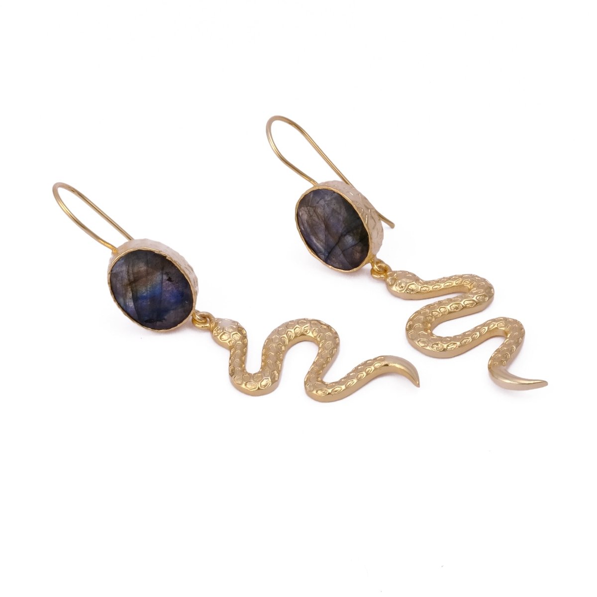 Snake Design Textured Earrings Labradorite Gemstone Gold Plated Drop & Dangle Earring