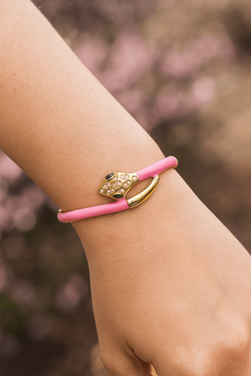 Snake Shape Bangle Pink Enameled With CZ Gemstone Bangle Gold Plated Jewelry