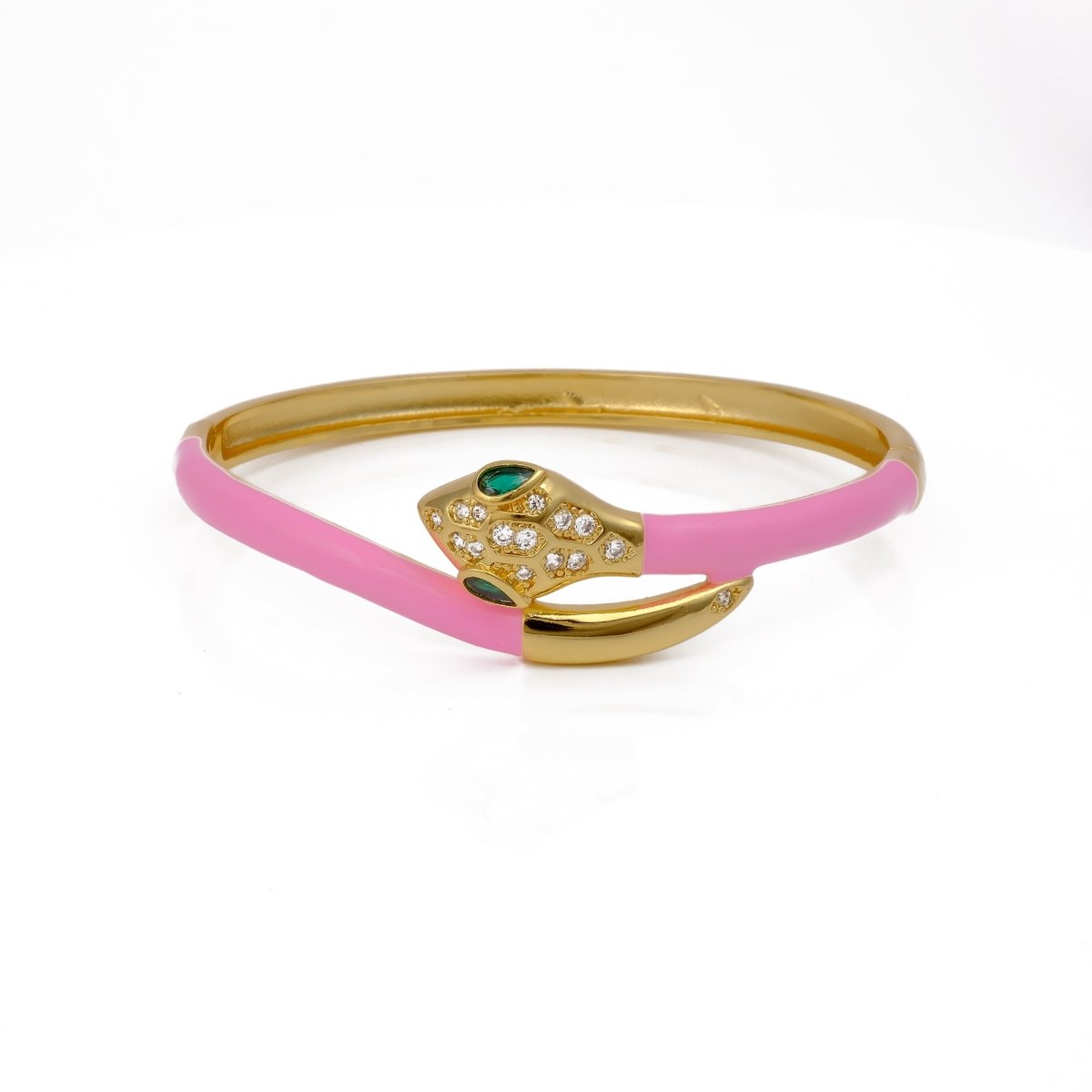 Snake Shape Bangle Pink Enameled With CZ Gemstone Bangle Gold Plated Jewelry