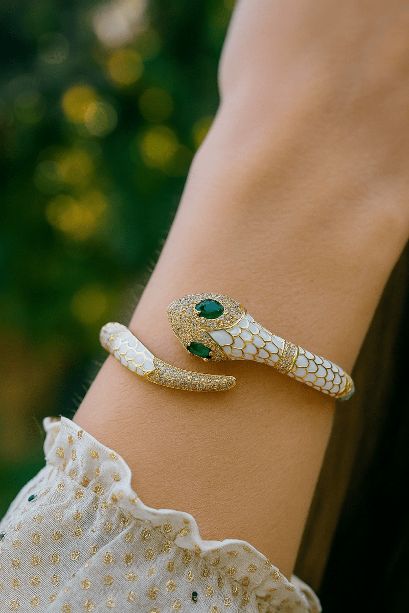 Snake Shape Bangle White Enameled With CZ Gemstone Bangle Aesthetic Gold Plated Jewelry