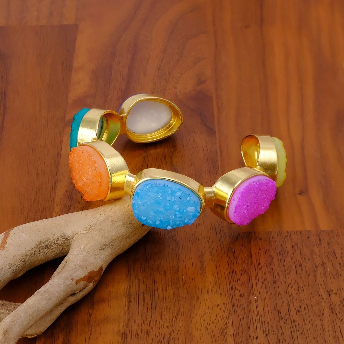 Sparkly Green Druzy Gemstone Cuff, Gold Plated Brass Adjustable Open Bangle CB - 1004
