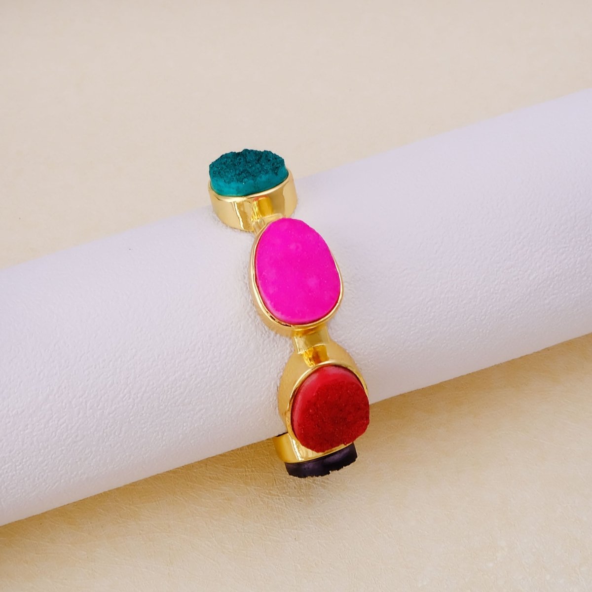Sparkly Green Druzy Gemstone Cuff, Gold Plated Brass Adjustable Open Bangle CB - 1004